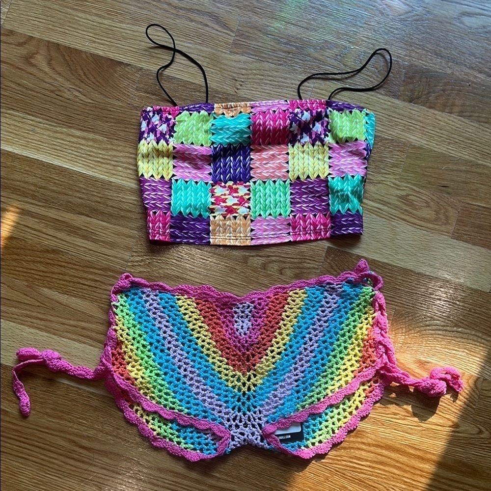 Dolls Kill colorful crochet knit bundle rainbow crop tank shorts Multicolor medi